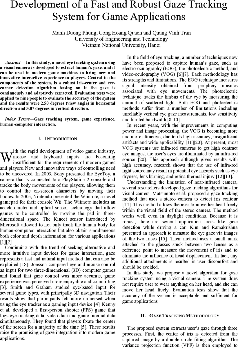 Development of a Fast and Robust Gaze Tracking System for Game Applications