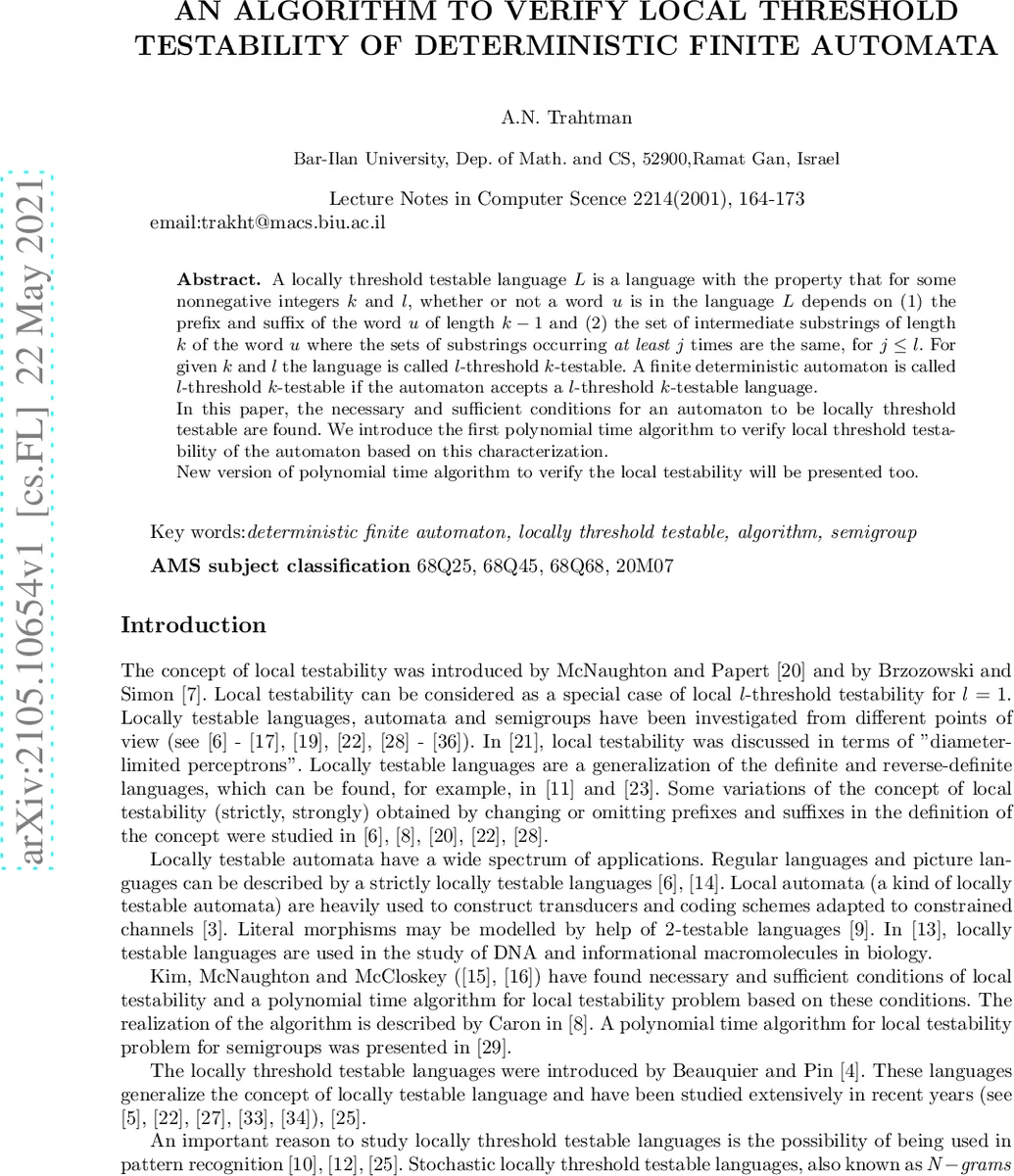 An algorithm to verify local threshold testability of deterministic finite automata