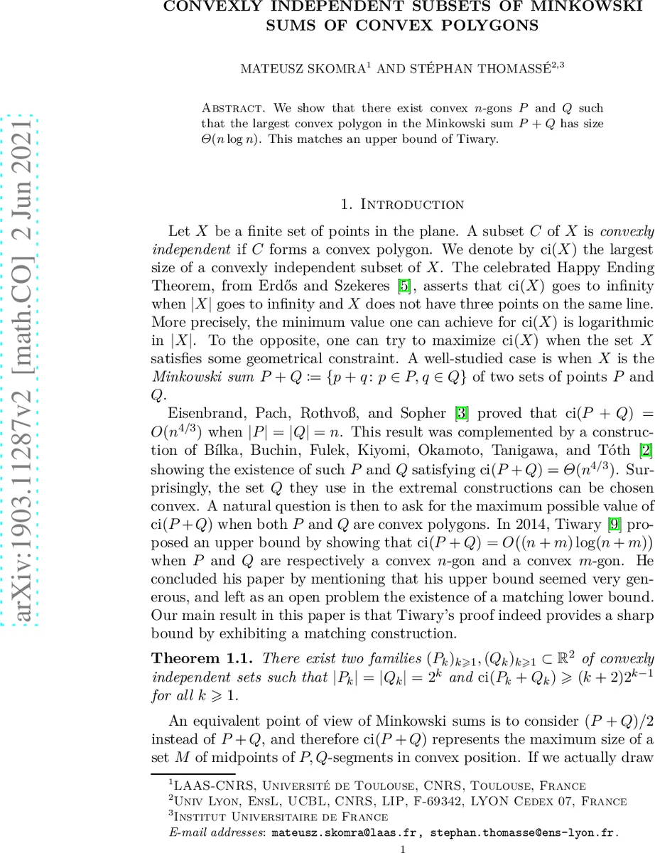 Convexly independent subsets of Minkowski sums of convex polygons