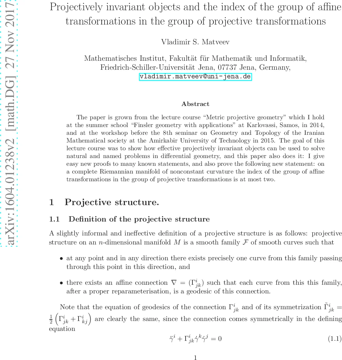 Projectively invariant objects and the index of the group of affine   transformations in the group of projective transformations