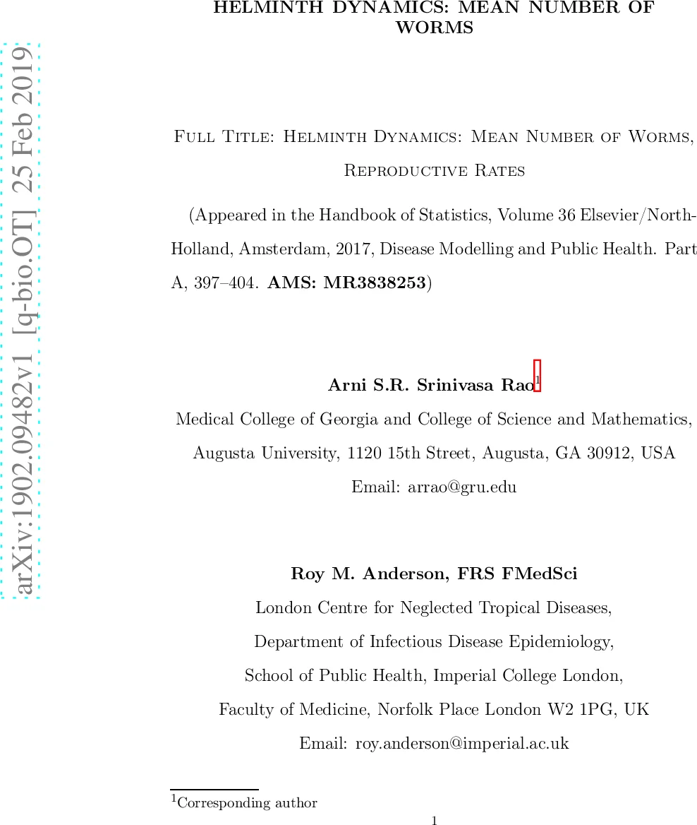 Helminth Dynamics: Mean Number of Worms, Reproductive Rates
