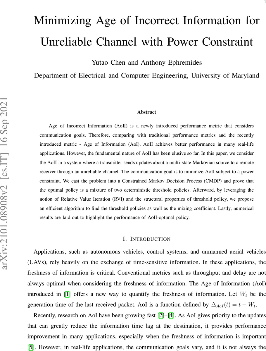 Minimizing Age of Incorrect Information for Unreliable Channel with Power Constraint