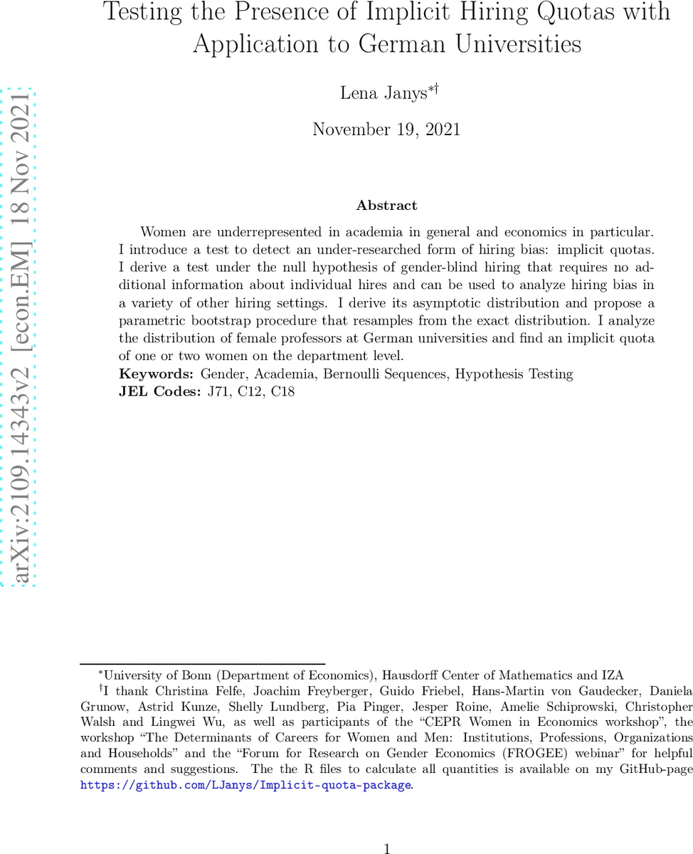 Testing the Presence of Implicit Hiring Quotas with Application to German Universities