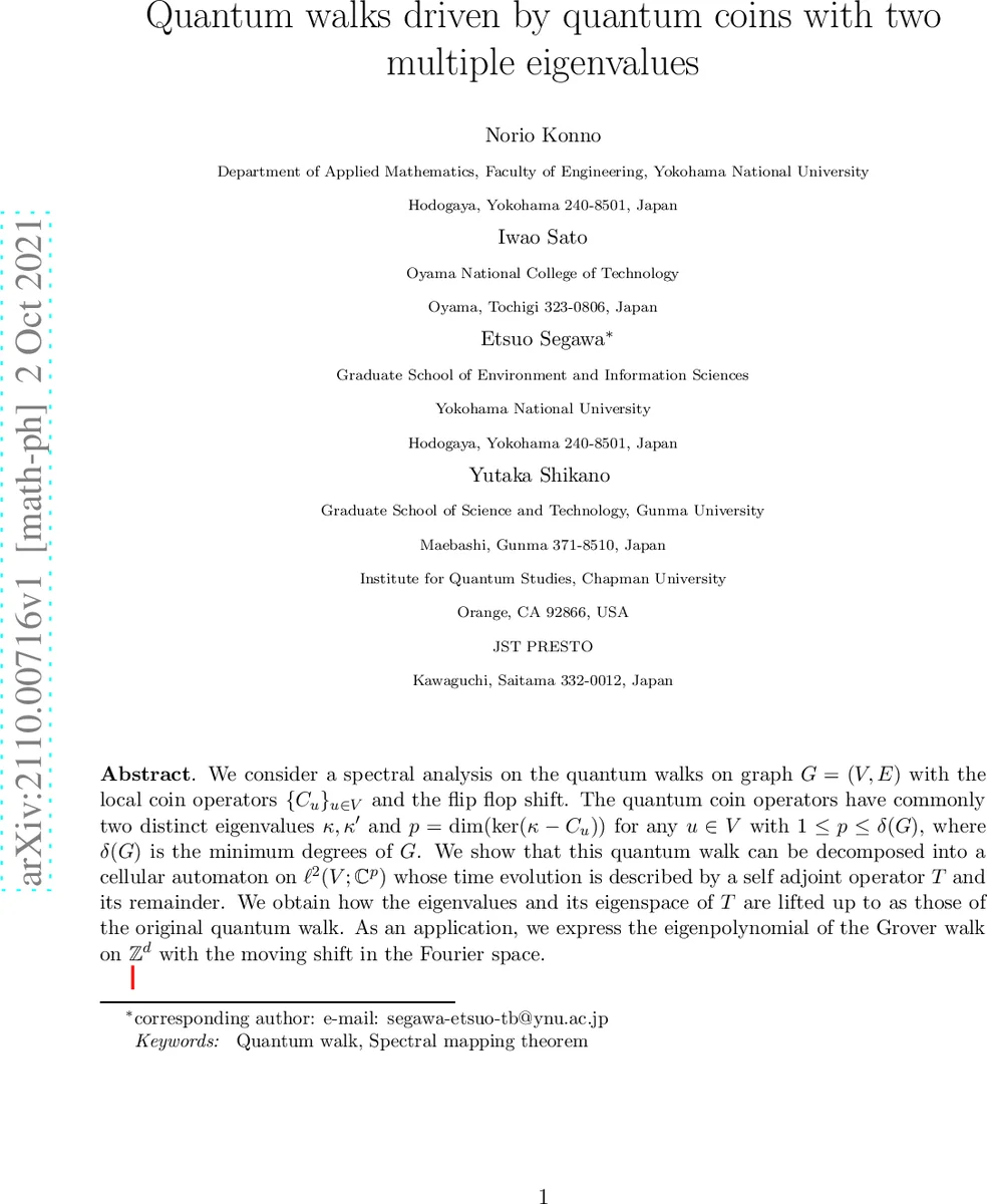 Quantum walks driven by quantum coins with two multiple eigenvalues