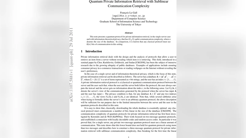 Quantum Private Information Retrieval with Sublinear Communication   Complexity