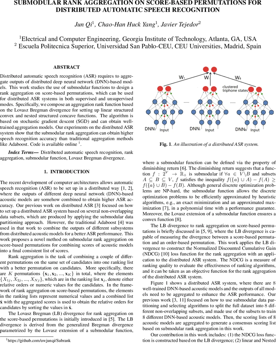 Submodular Rank Aggregation on Score-based Permutations for Distributed   Automatic Speech Recognition