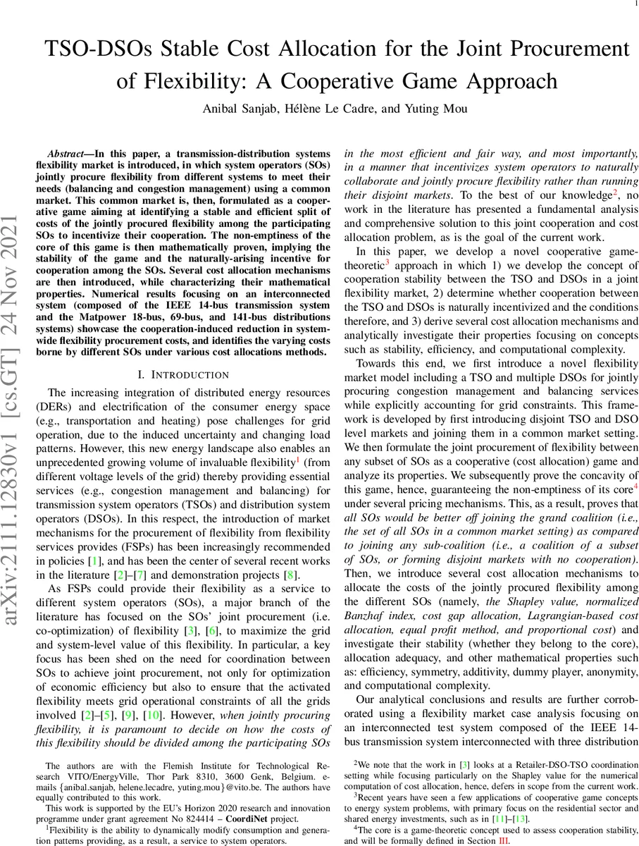TSO-DSOs Stable Cost Allocation for the Joint Procurement of Flexibility: A Cooperative Game Approach