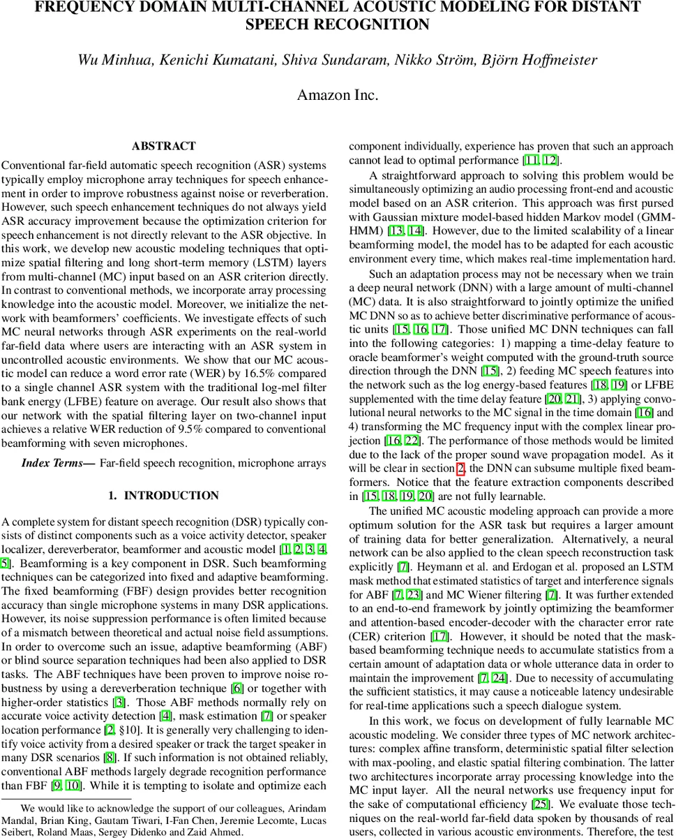 Frequency Domain Multi-channel Acoustic Modeling for Distant Speech   Recognition