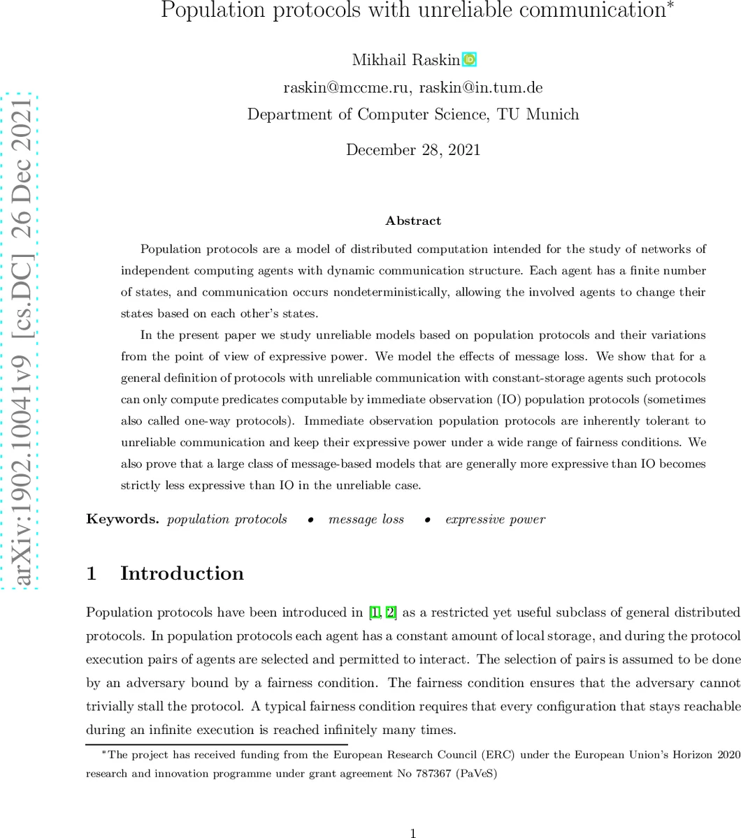 Population protocols with unreliable communication