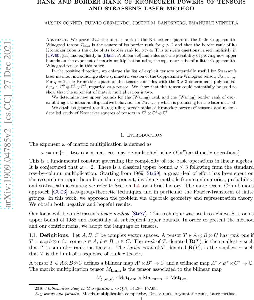 Rank and border rank of Kronecker powers of tensors and Strassens laser   method