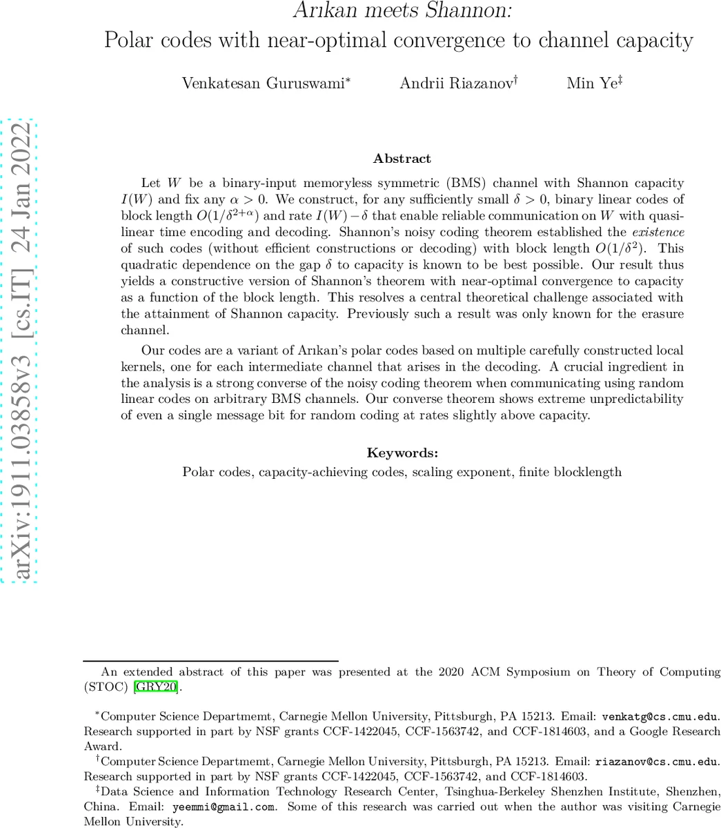 Ar{i}kan meets Shannon: Polar codes with near-optimal convergence to   channel capacity