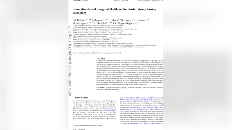 Simulation-based marginal likelihood for cluster strong lensing   cosmology