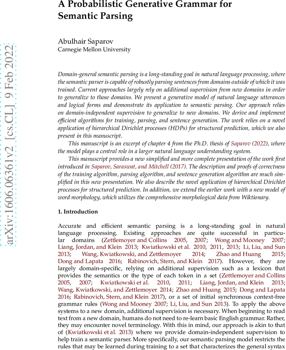 A Probabilistic Generative Grammar for Semantic Parsing