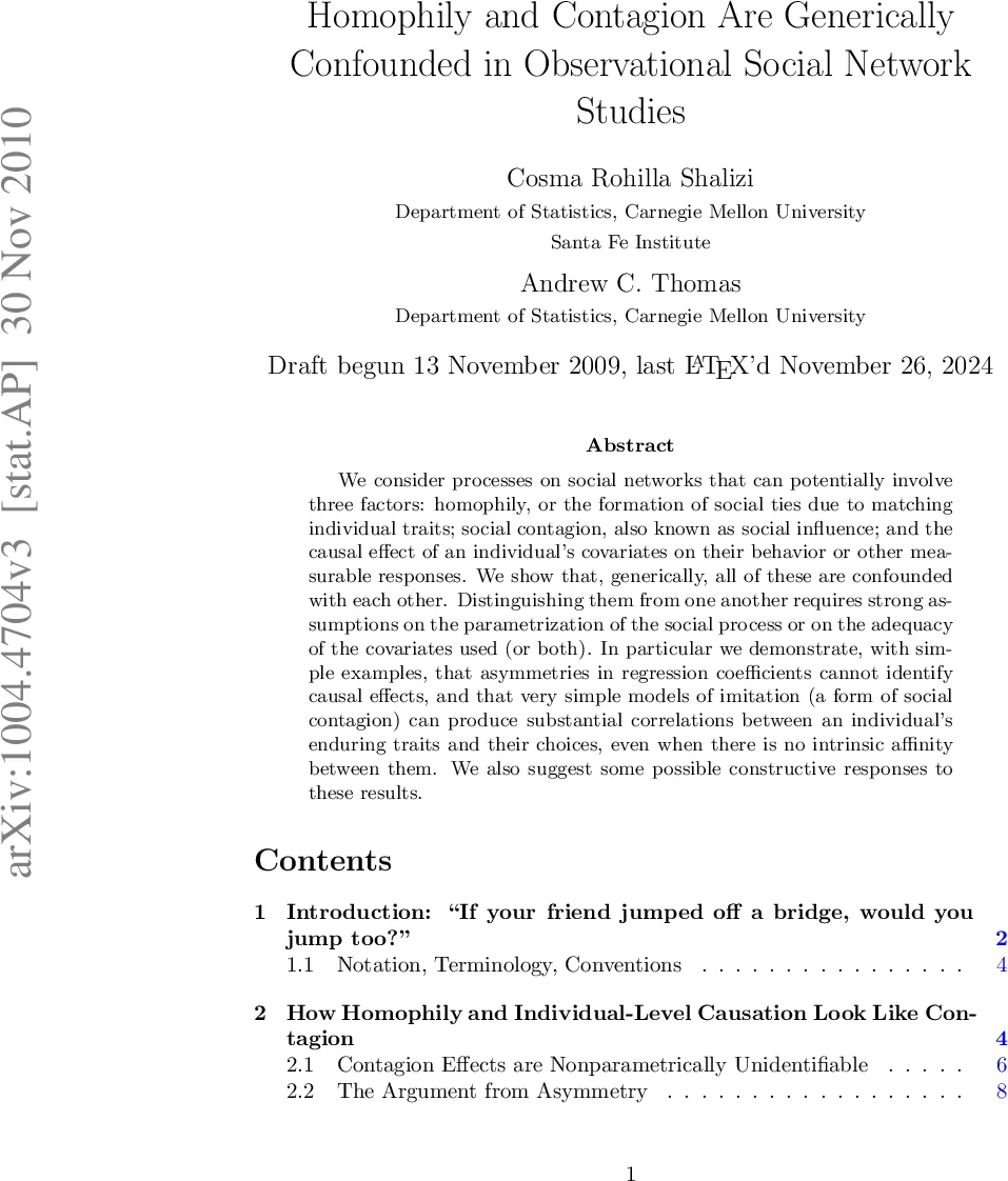 Homophily and Contagion Are Generically Confounded in Observational   Social Network Studies