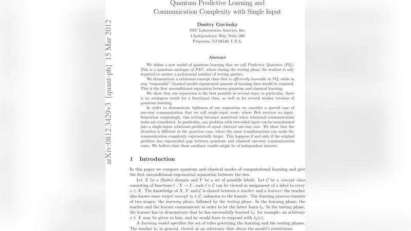 Quantum Predictive Learning and Communication Complexity with Single   Input