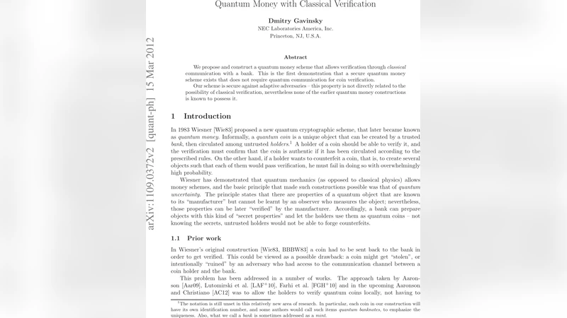 Quantum Money with Classical Verification