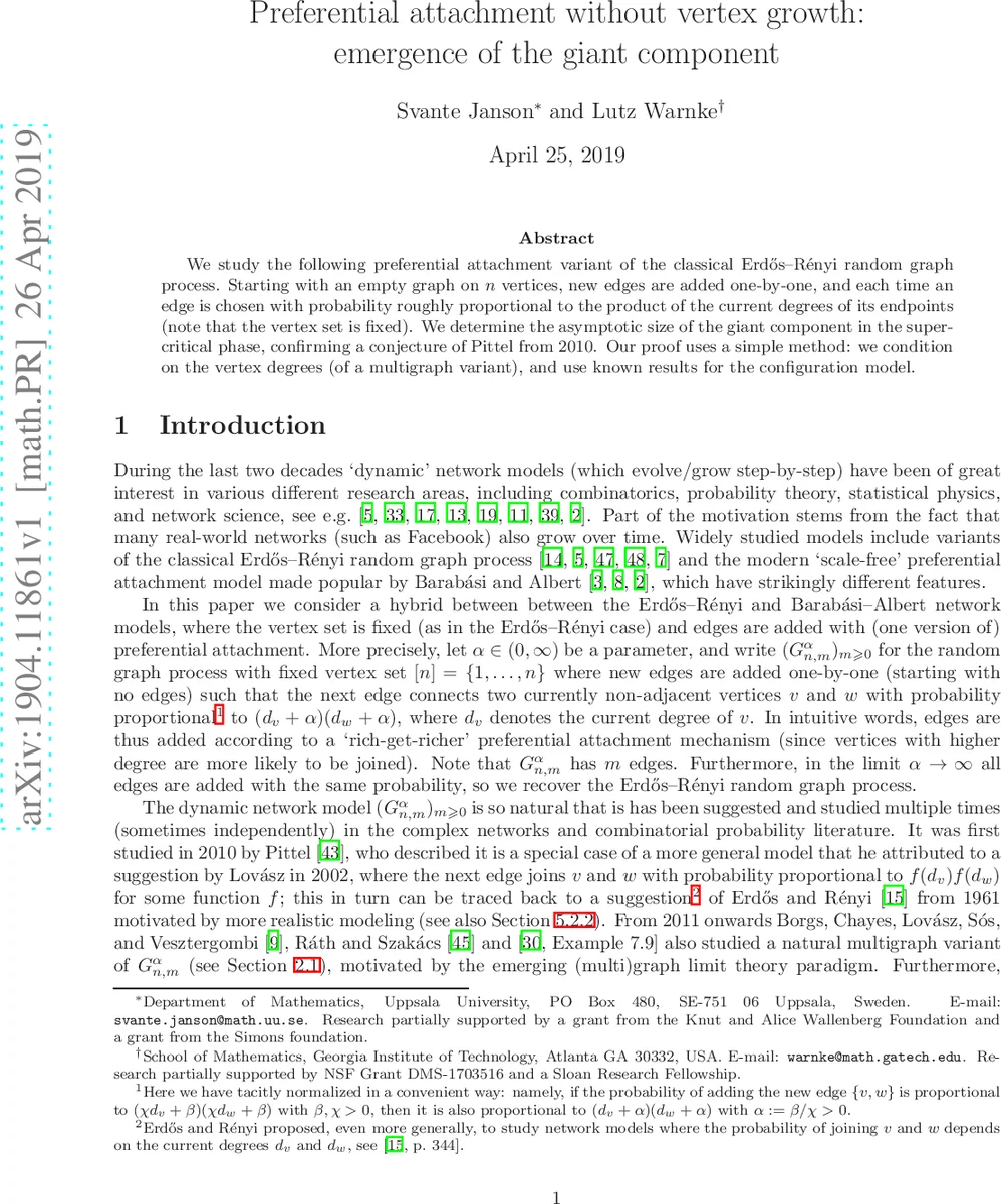 Preferential attachment without vertex growth: emergence of the giant   component