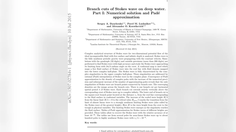 Branch cuts of Stokes wave on deep water. Part I: Numerical solution and   Pade approximation