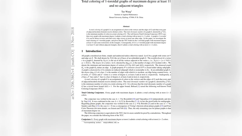 Total coloring of 1-toroidal graphs of maximum degree at least 11 and no   adjacent triangles