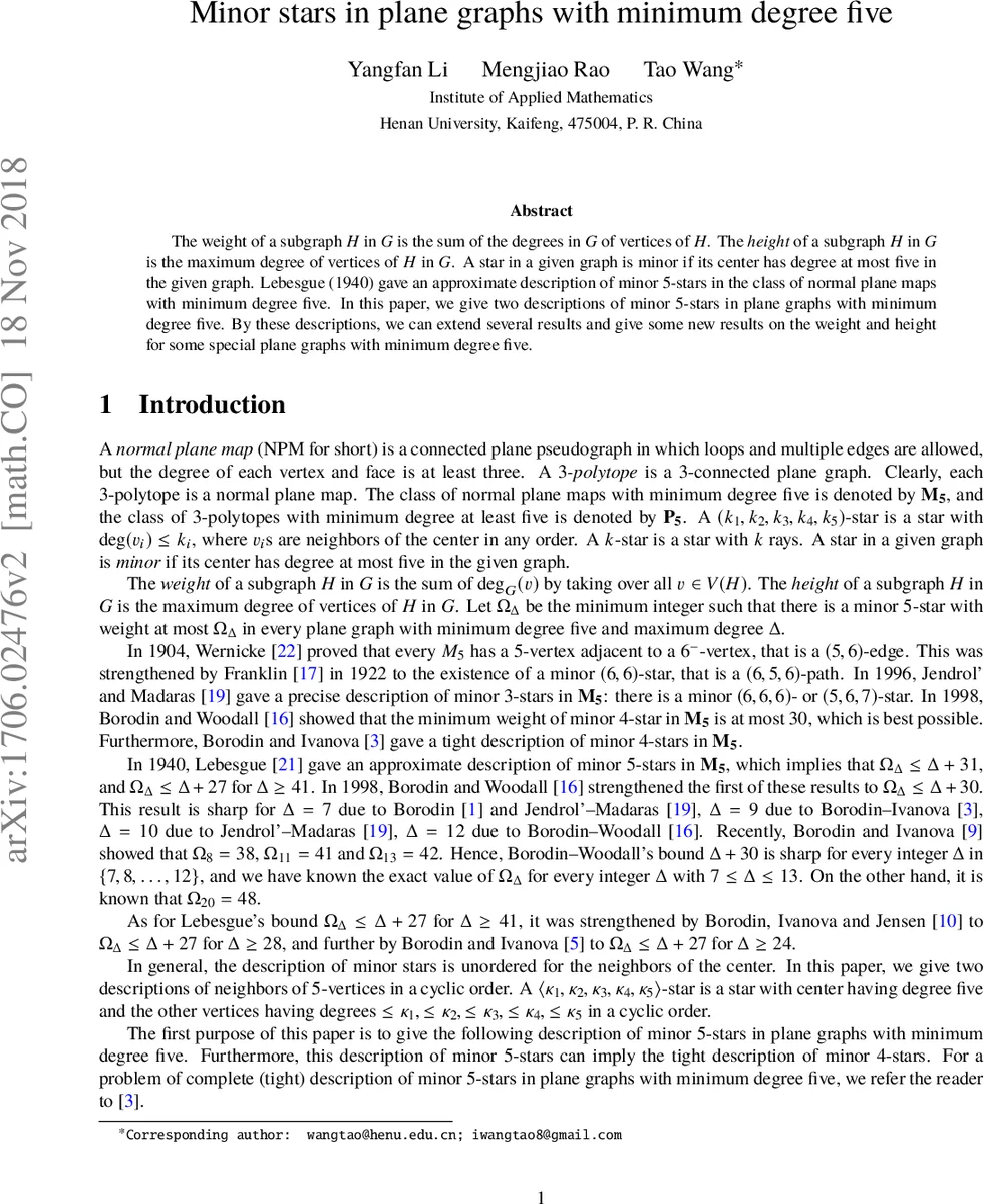 Minor stars in plane graphs with minimum degree five