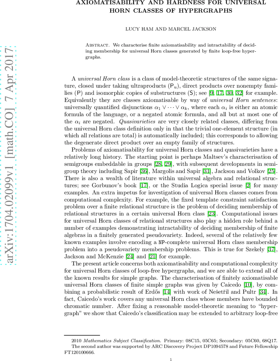 Axiomatisability and hardness for universal Horn classes of hypergraphs
