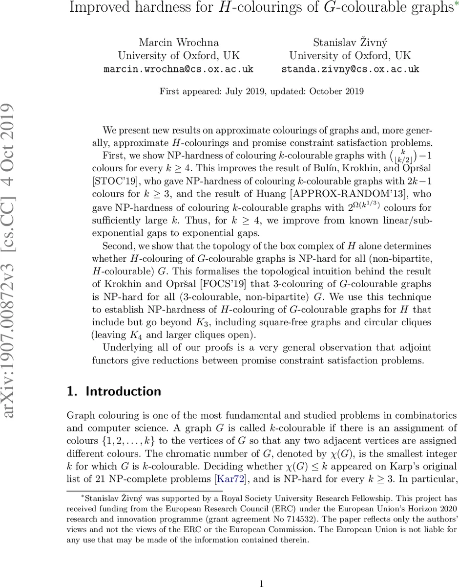 Improved hardness for H-colourings of G-colourable graphs