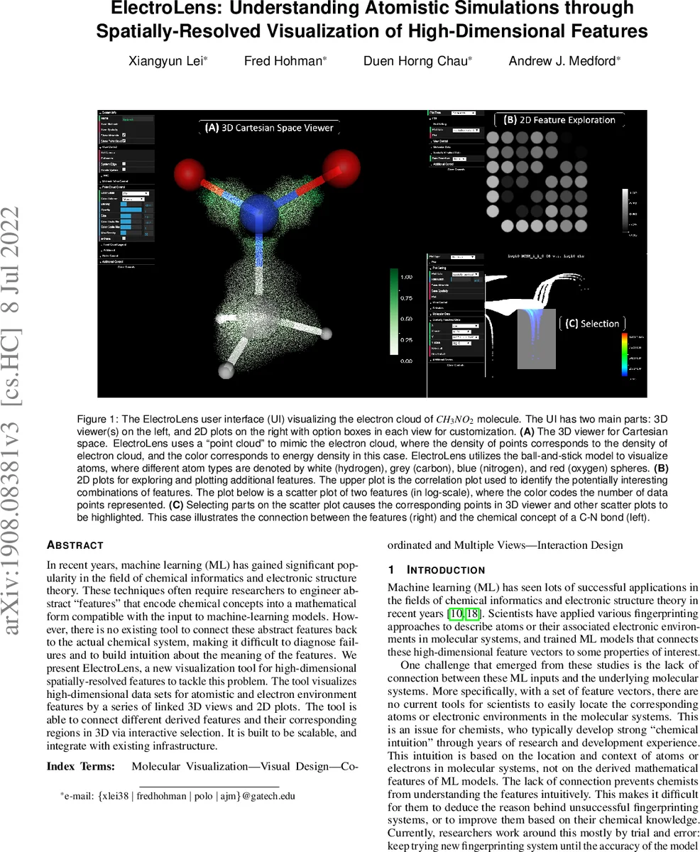 ElectroLens: Understanding Atomistic Simulations Through   Spatially-resolved Visualization of High-dimensional Features