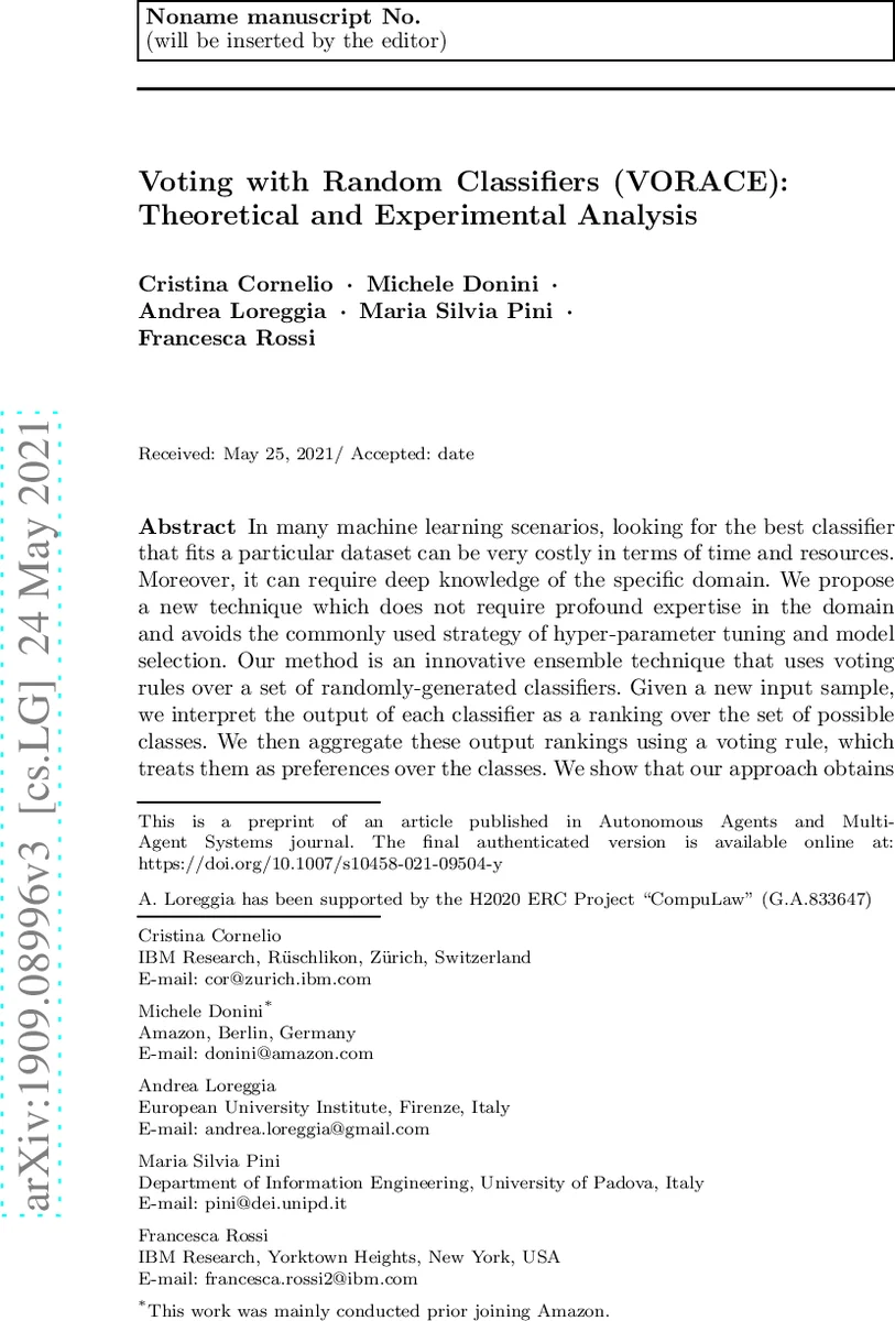 Voting with Random Classifiers (VORACE): Theoretical and Experimental   Analysis