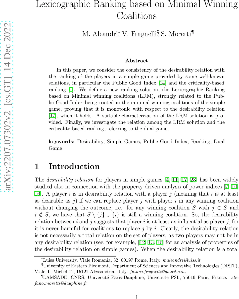 Lexicographic Ranking based on Minimal Winning Coalitions