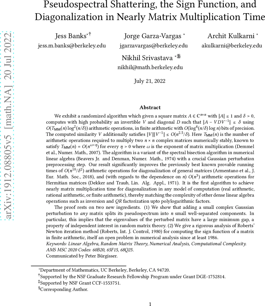 Pseudospectral Shattering, the Sign Function, and Diagonalization in   Nearly Matrix Multiplication Time