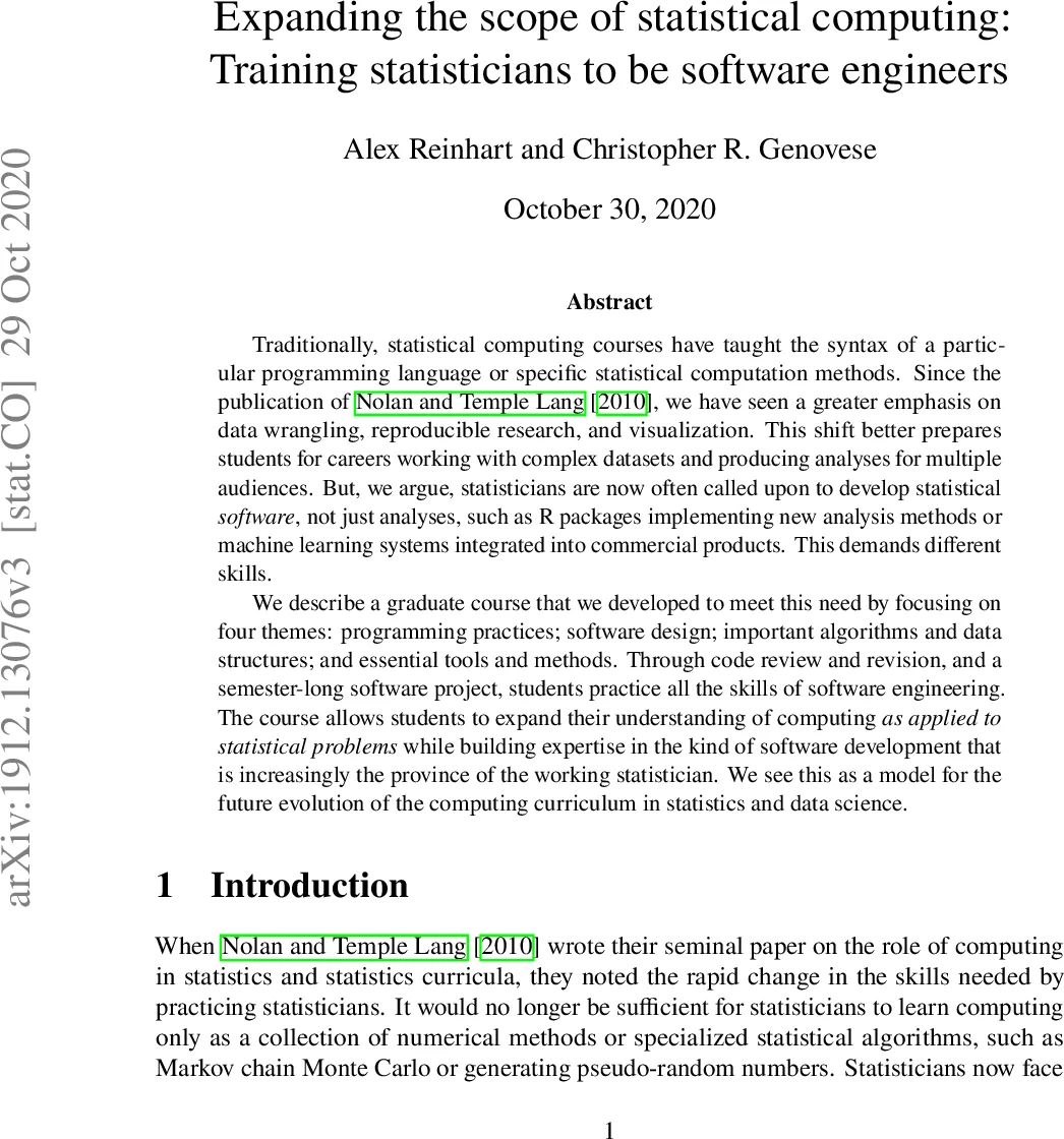Expanding the scope of statistical computing: Training statisticians to   be software engineers