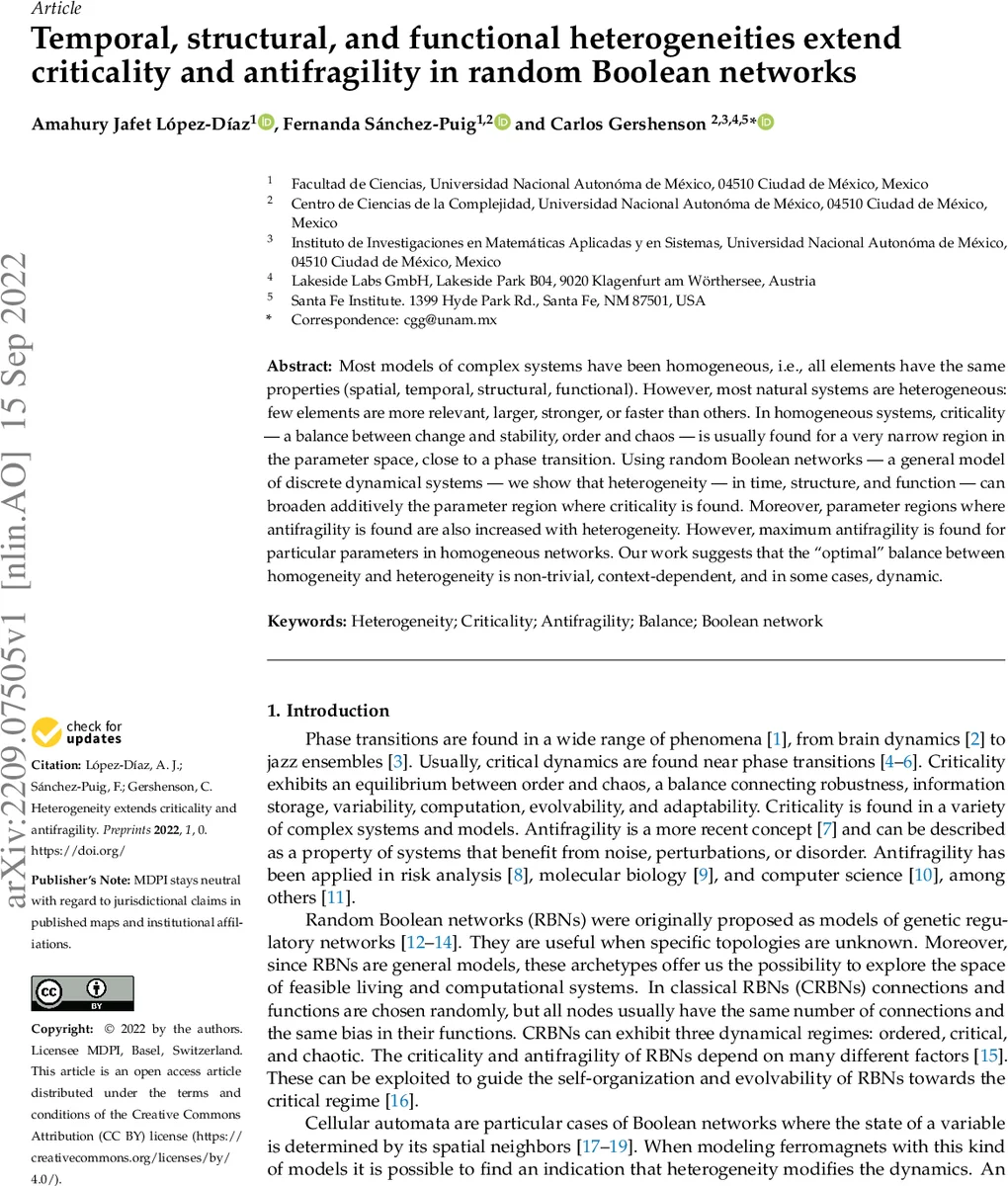 Temporal, structural, and functional heterogeneities extend criticality and antifragility in random Boolean networks