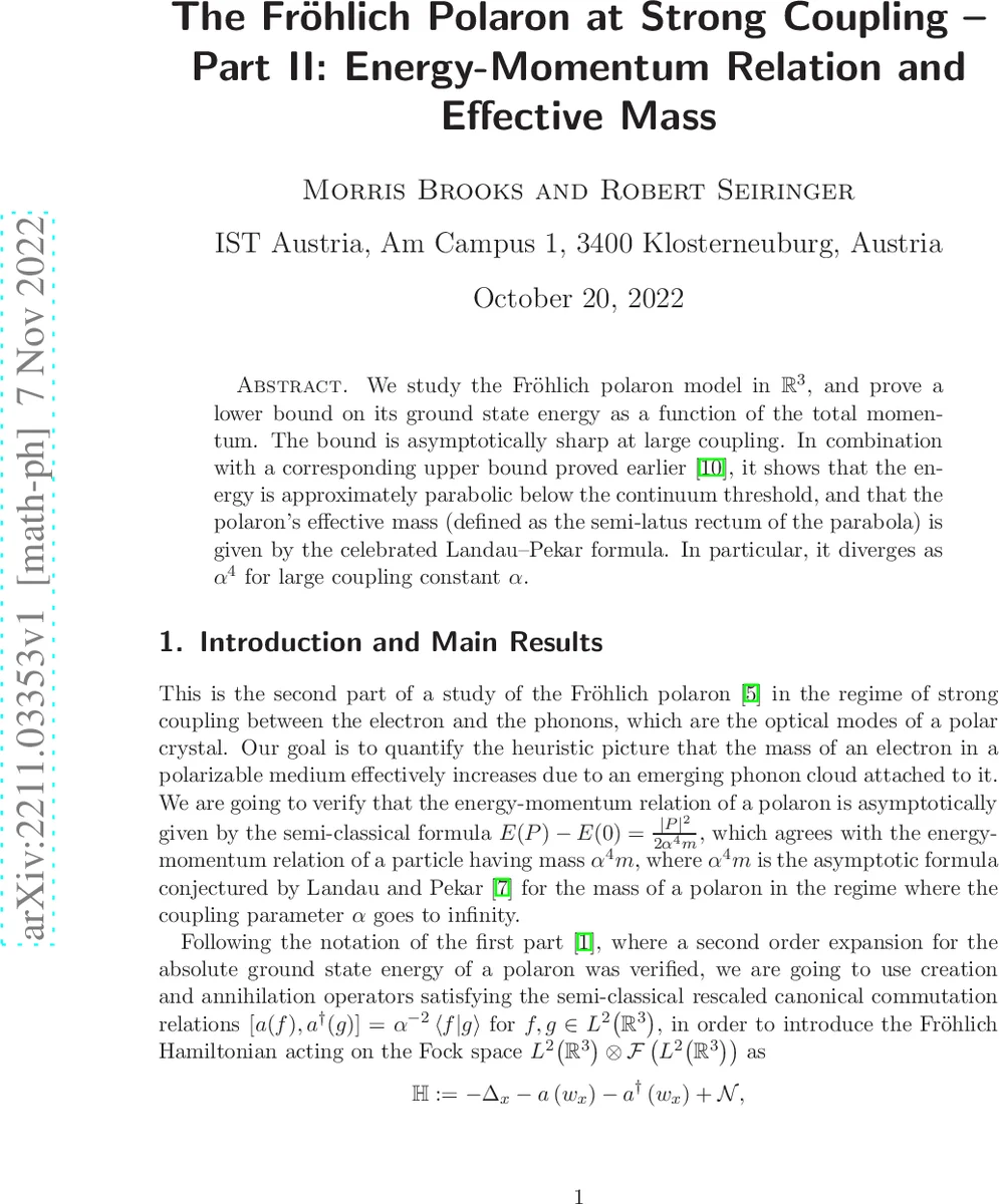 The Fröhlich Polaron at Strong Coupling -- Part II: Energy-Momentum Relation and Effective Mass
