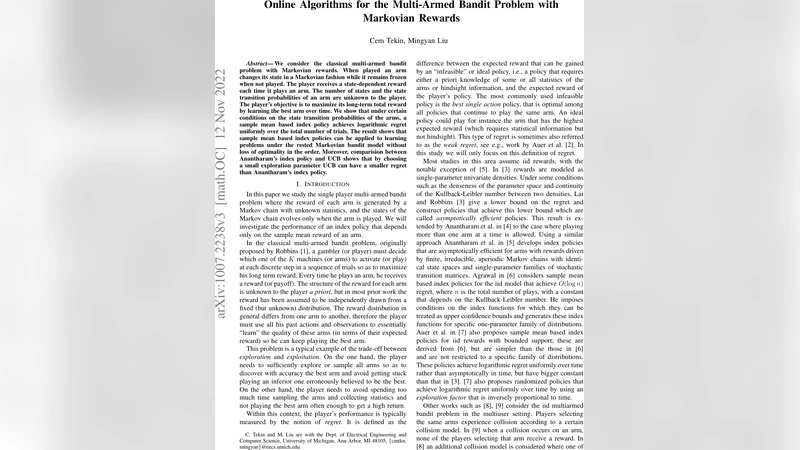 Online Algorithms for the Multi-Armed Bandit Problem with Markovian   Rewards