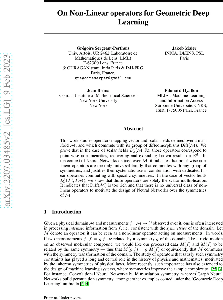 On Non-Linear operators for Geometric Deep Learning