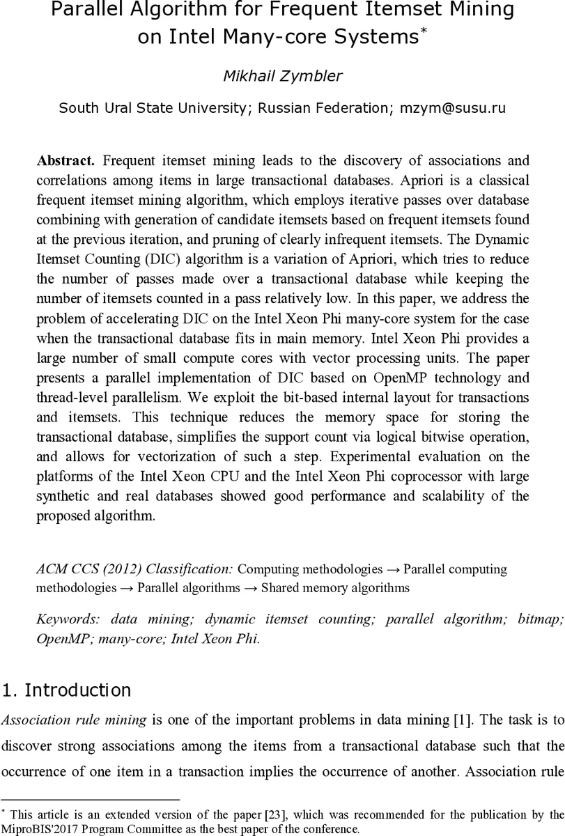 Parallel Algorithm for Frequent Itemset Mining on Intel Many-core   Systems