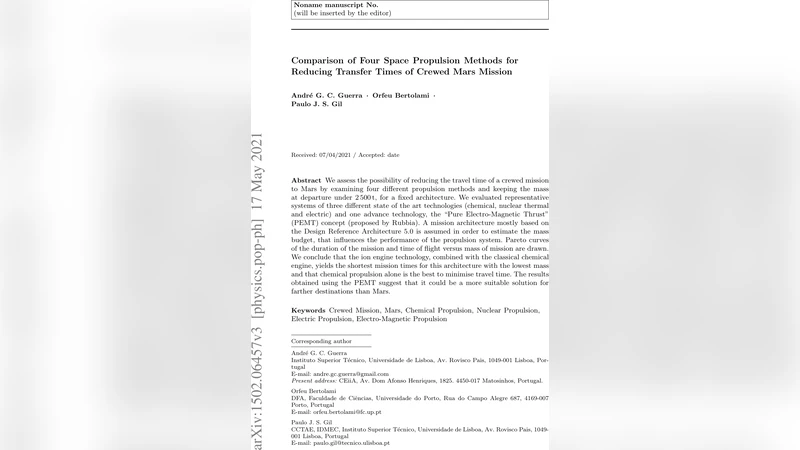 Comparison of Four Space Propulsion Methods for Reducing Transfer Times   of Crewed Mars Mission