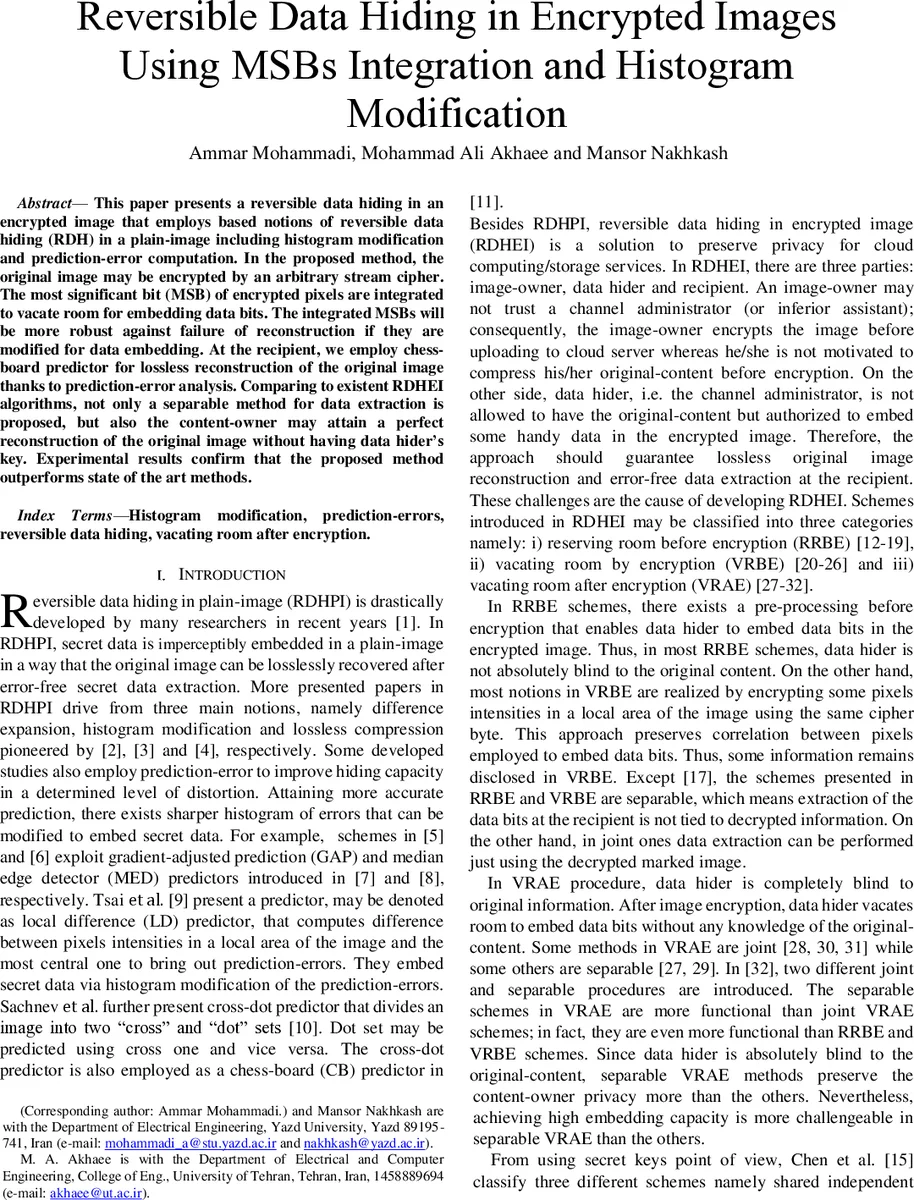 Reversible Data Hiding in Encrypted Images Using MSBs Integration and   Histogram Modification
