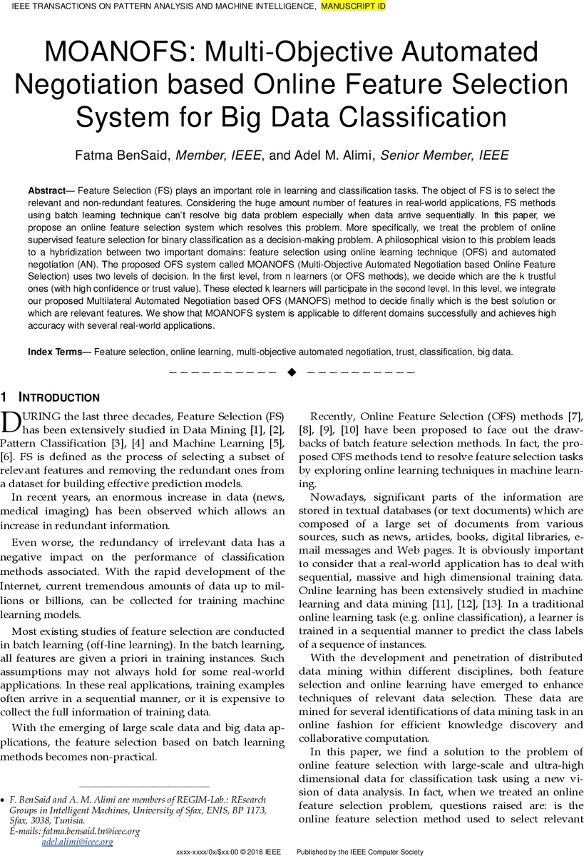 MOANOFS: Multi-Objective Automated Negotiation based Online Feature   Selection System for Big Data Classification