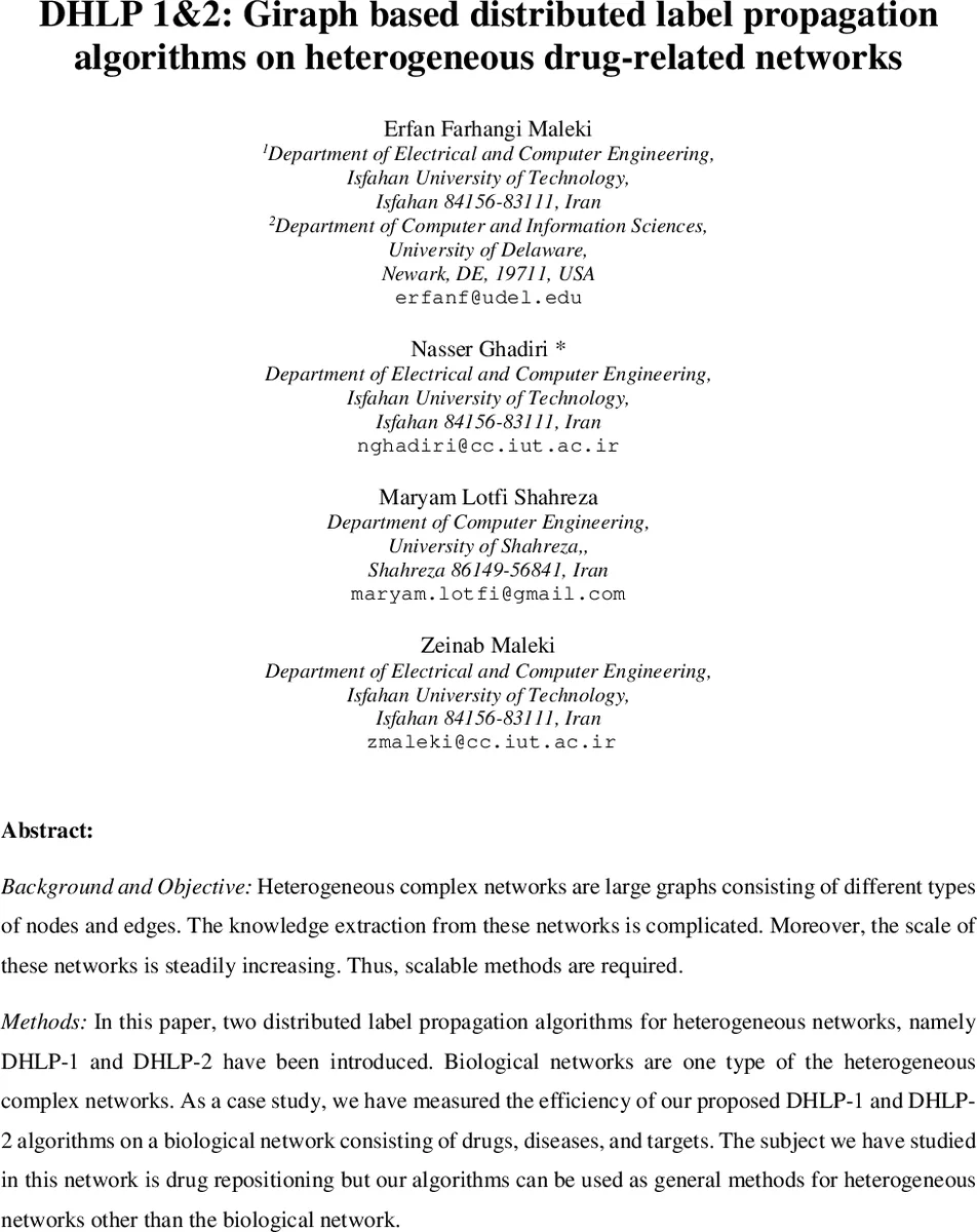 DHLP 1&2: Giraph based distributed label propagation algorithms on   heterogeneous drug-related networks