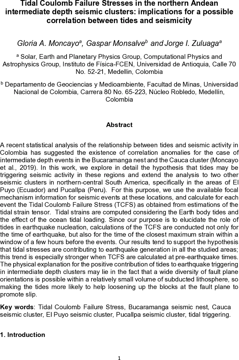 Tidal Coulomb Failure Stresses in the northern Andean intermediate depth   seismic clusters: implications for a possible correlation between tides and   seismicity