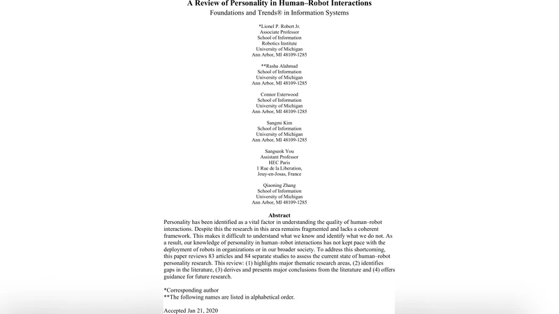 A Review of Personality in Human Robot Interactions