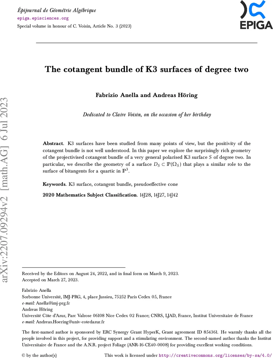 The cotangent bundle of K3 surfaces of degree two