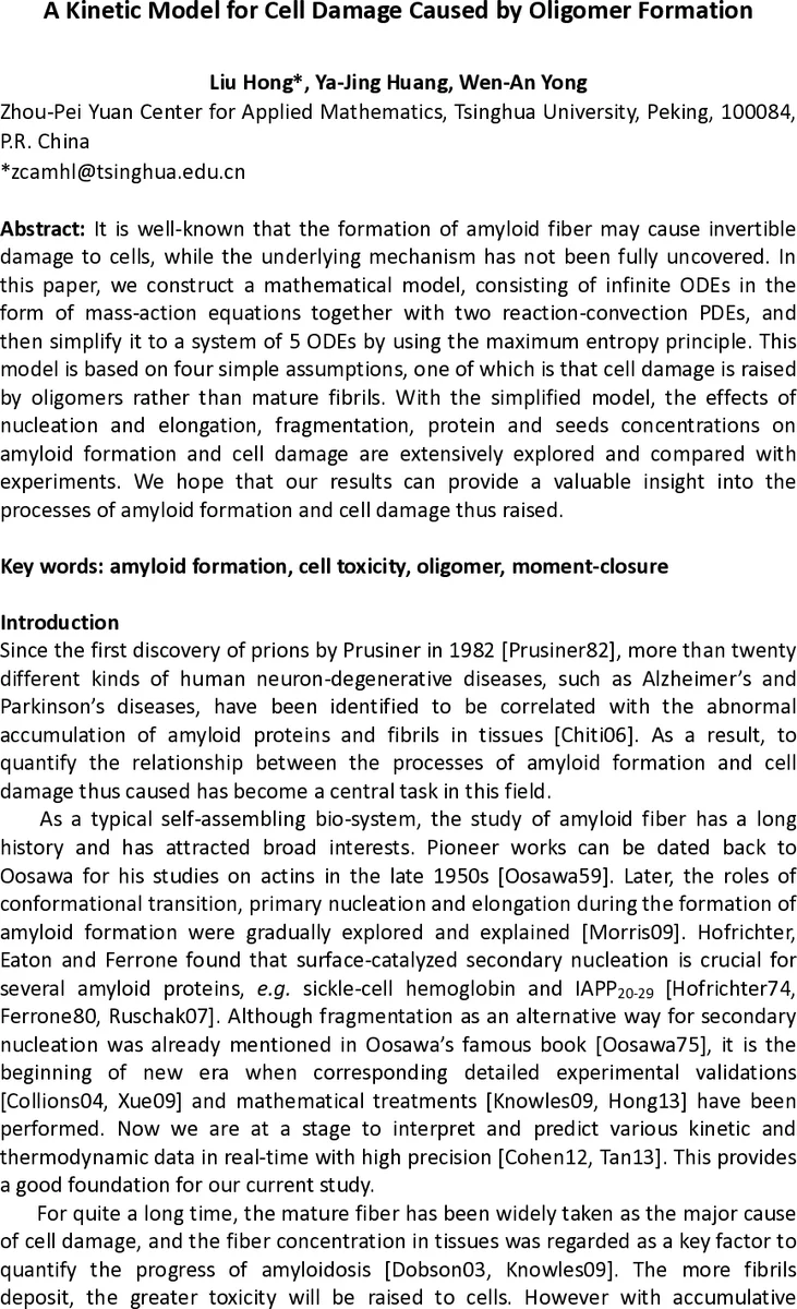 A Kinetic Model for Cell Damage Caused by Oligomer Formation