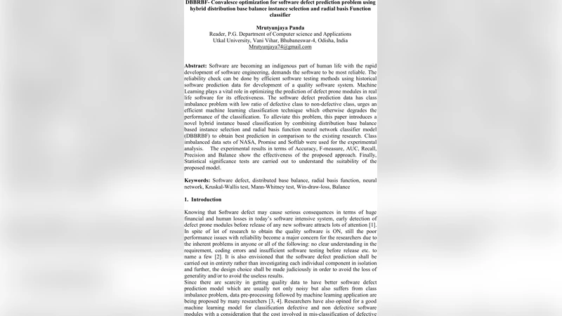 DBBRBF- Convalesce optimization for software defect prediction problem   using hybrid distribution base balance instance selection and radial basis   Function classifier