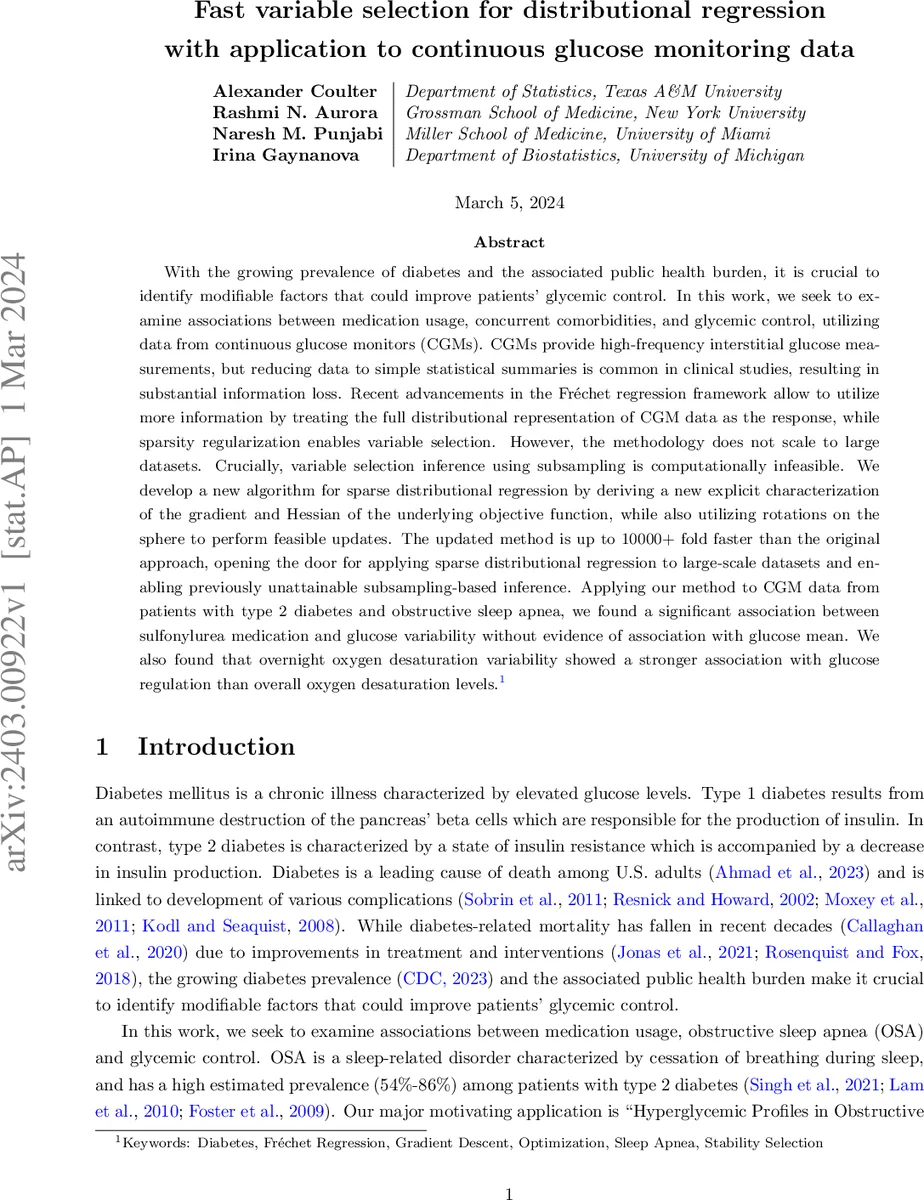 Fast variable selection for distributional regression with application to continuous glucose monitoring data