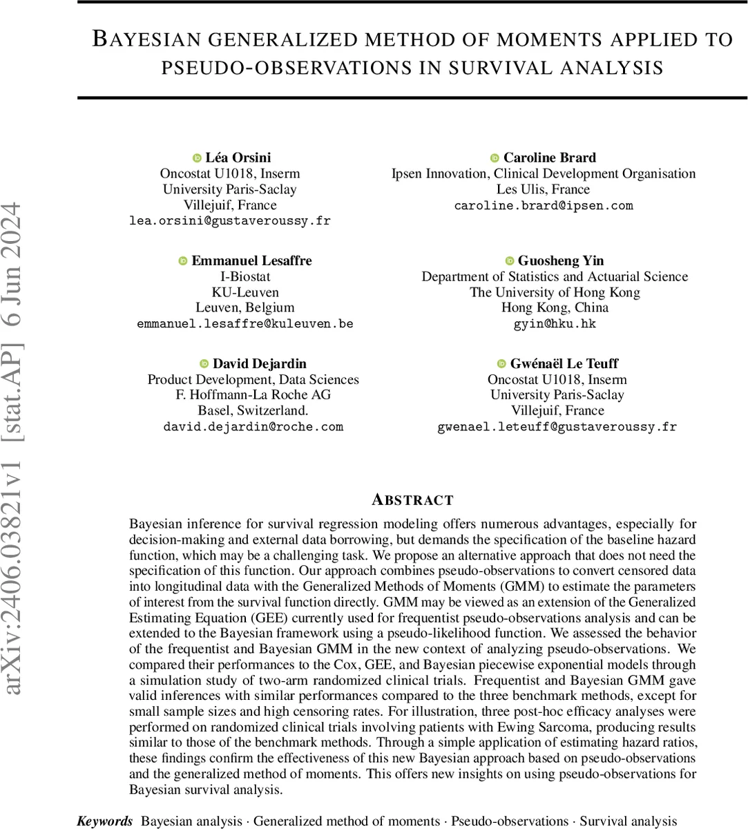 Bayesian generalized method of moments applied to pseudo-observations in survival analysis