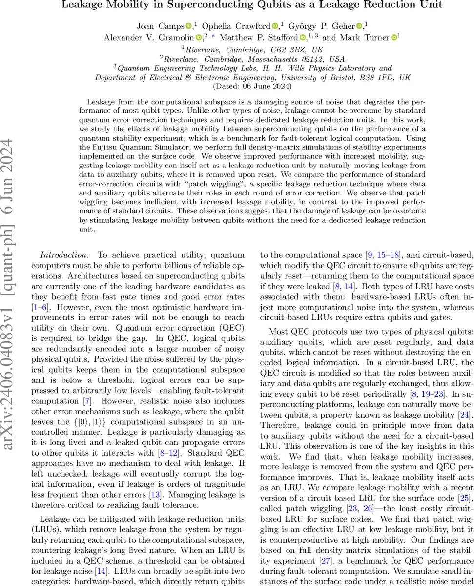 Leakage Mobility in Superconducting Qubits as a Leakage Reduction Unit