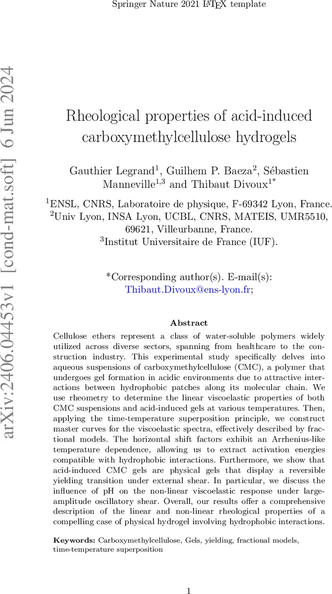 Rheological properties of acid-induced carboxymethylcellulose hydrogels