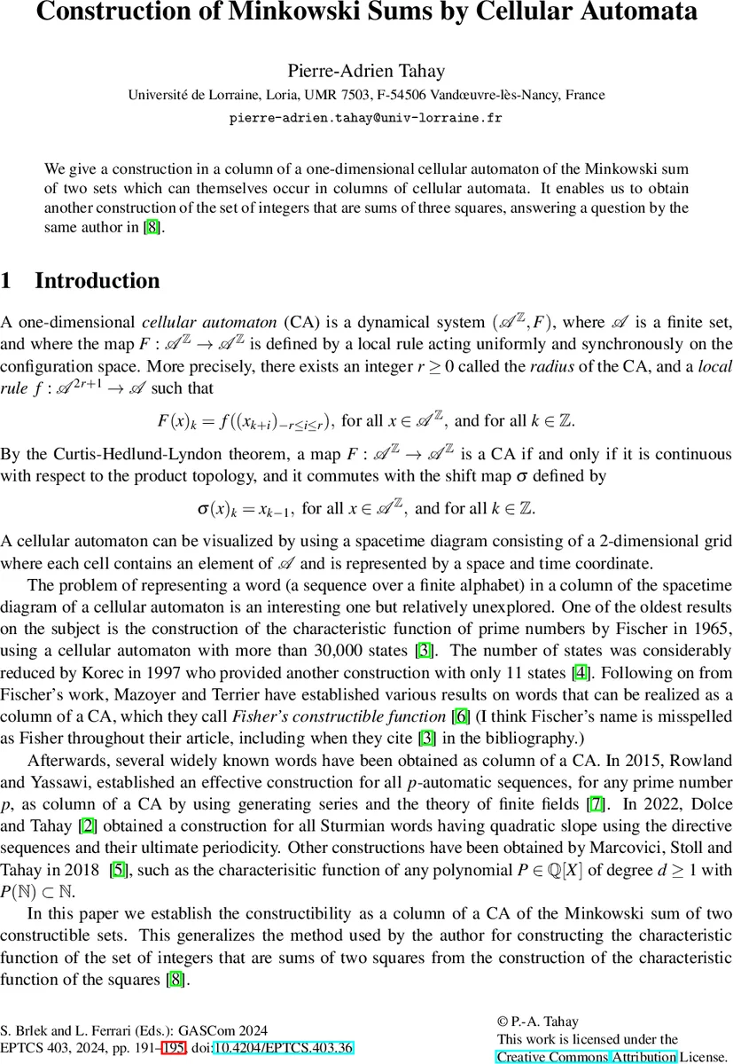 Construction of Minkowski Sums by Cellular Automata